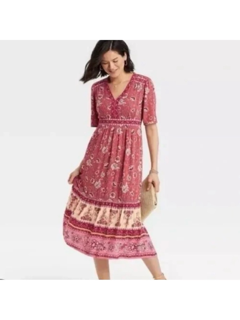 Knox Rose Size L Rust Floral Boho V-Neck Midi Dress